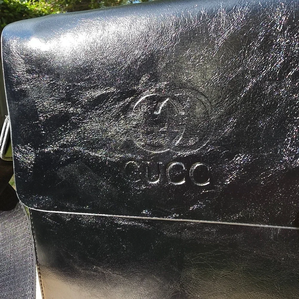 Gucci Black Embossed Logo Messenger Bag Crossbody Faux Leather Adjustable Strap